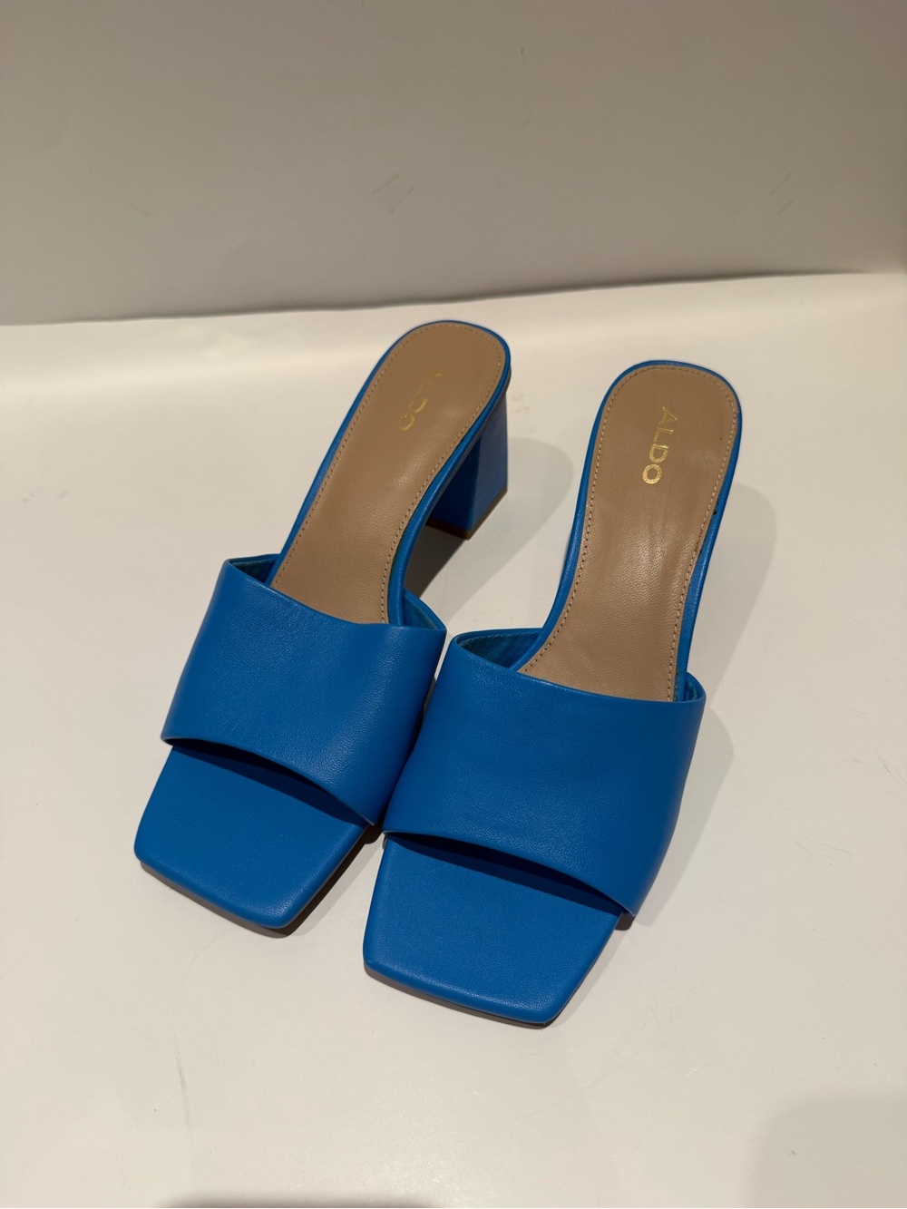 ALDO Velalith 9505411Cobalt Blue Leather Square Toe Block Heel Slide sz 8